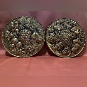 Pair of Vintage Tin/Brass Plates Embossed Fruit Design